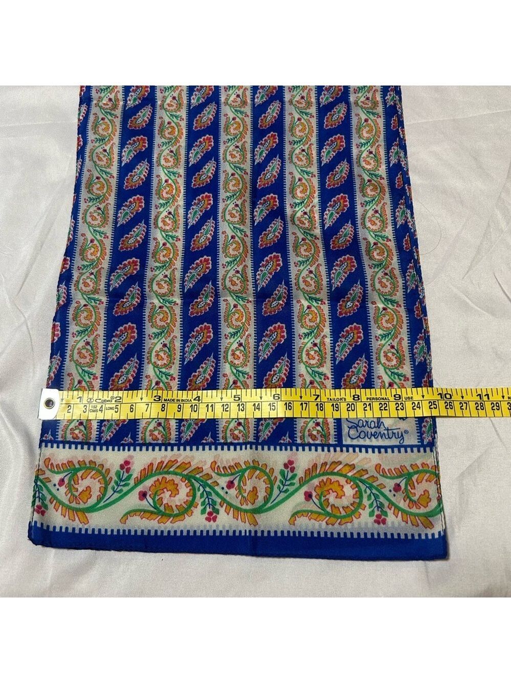 Vintage Sarah Coventry Scarf Blue Orange White Paisley - Picture 7 of 7